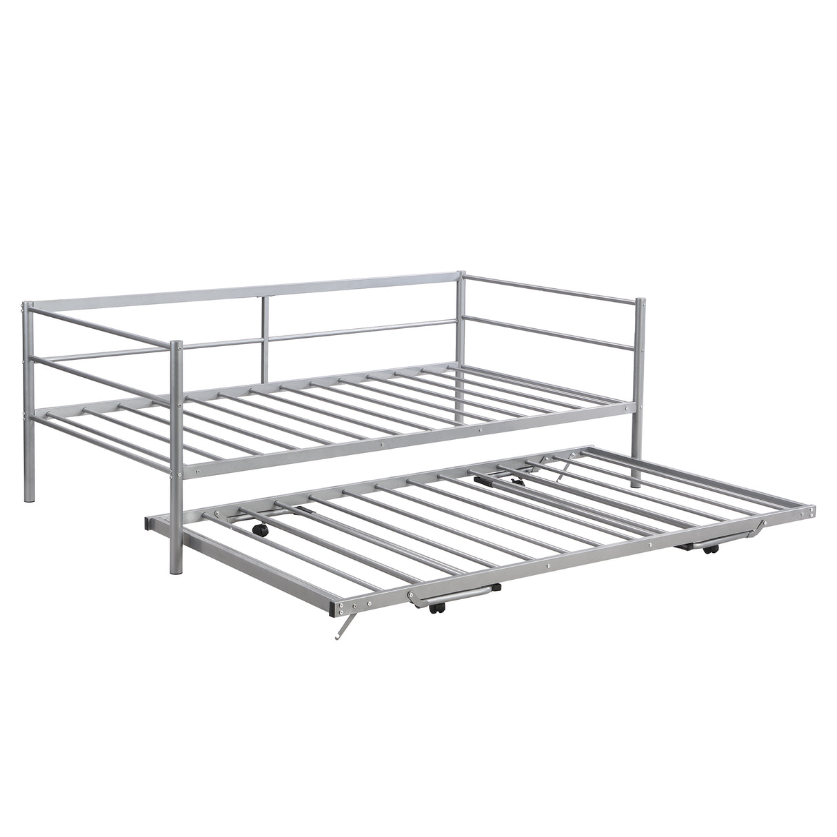 Twin Size Metal Daybed with Adjustable Trundle Pop Up Trundle Silver