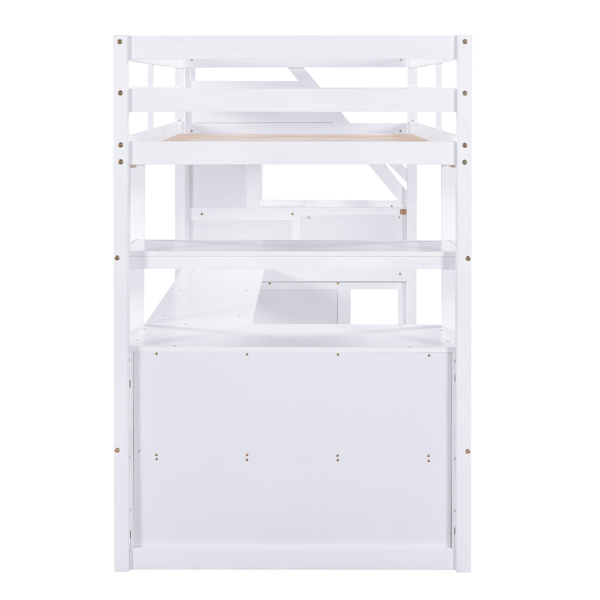 Twin Size Loft Bed with Desk and Shelves Two Built-in Drawers Storage Staircase White
