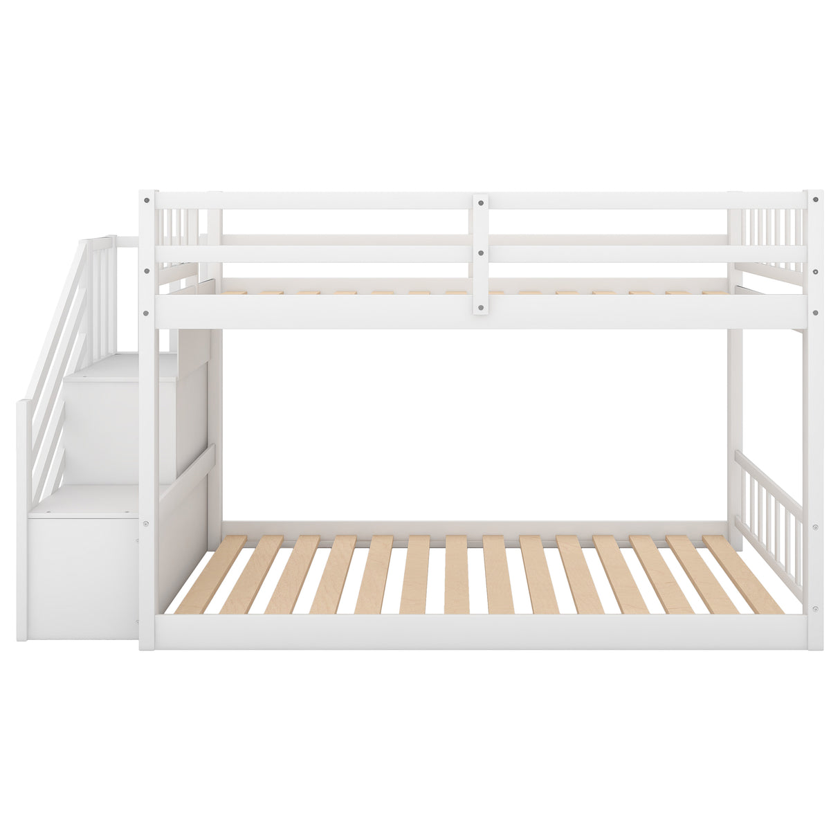 Twin over Twin Floor Bunk Bed, Ladder with Storage White