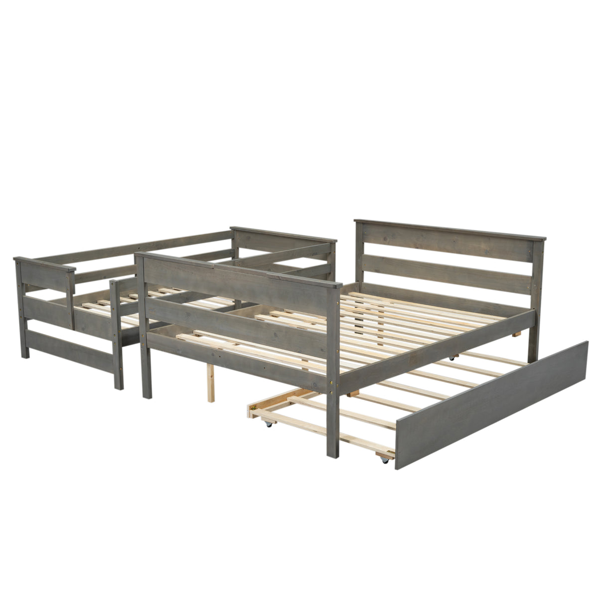 Wood Twin over Full Bunk Bed with Twin Size Trundle Gray