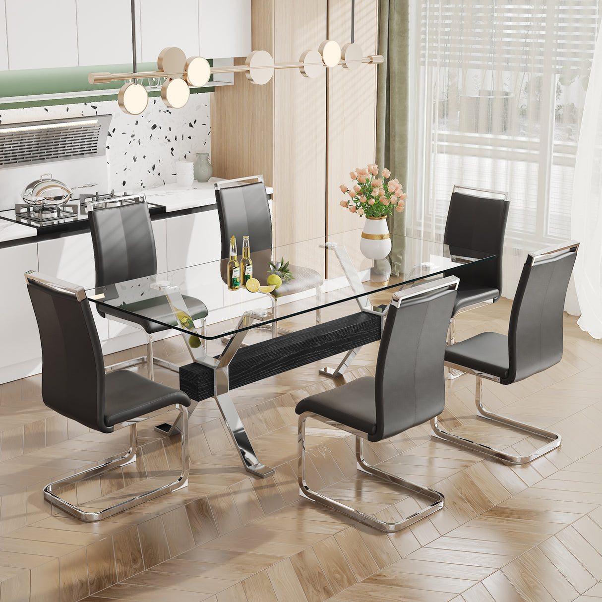 Dining table Modern tempered glass dining table Large modern office desk with silver plated metal legs and MDF crossbars - V.I.P Digital Presence