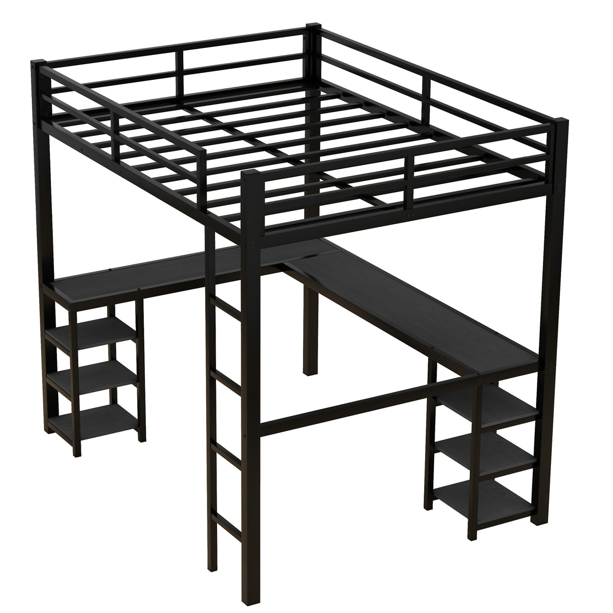 All metal loft bed with desk and shelf, loft bed with ladder and guardrail, black with black desk - V.I.P Digital Presence