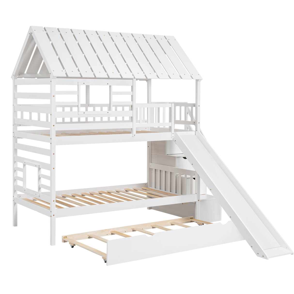 Twin over Twin House Bunk Bed with Trundle and Slide Storage Staircase Roof and Window Design White