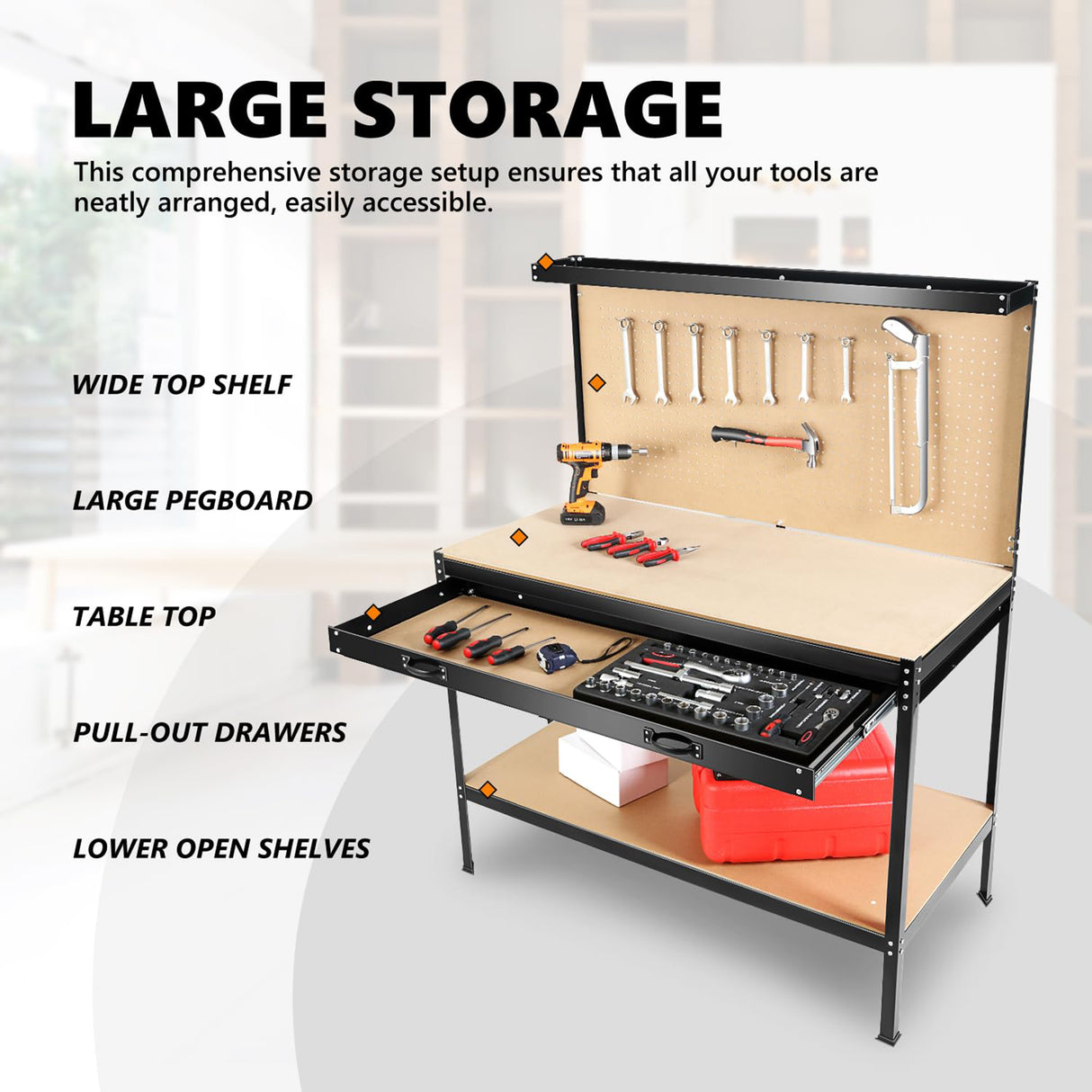 63" Tools Cabinet Working Tables Workbench Tool Storage Workshop Table with Drawers and Pegboard - V.I.P Digital Presence