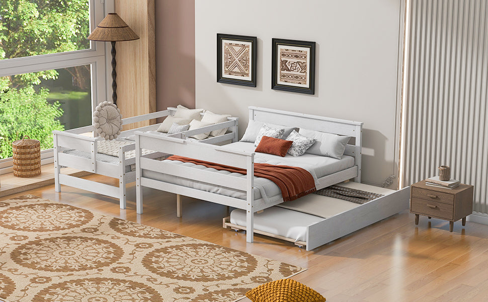 Wood Twin over Full Bunk Bed with Twin Size Trundle White