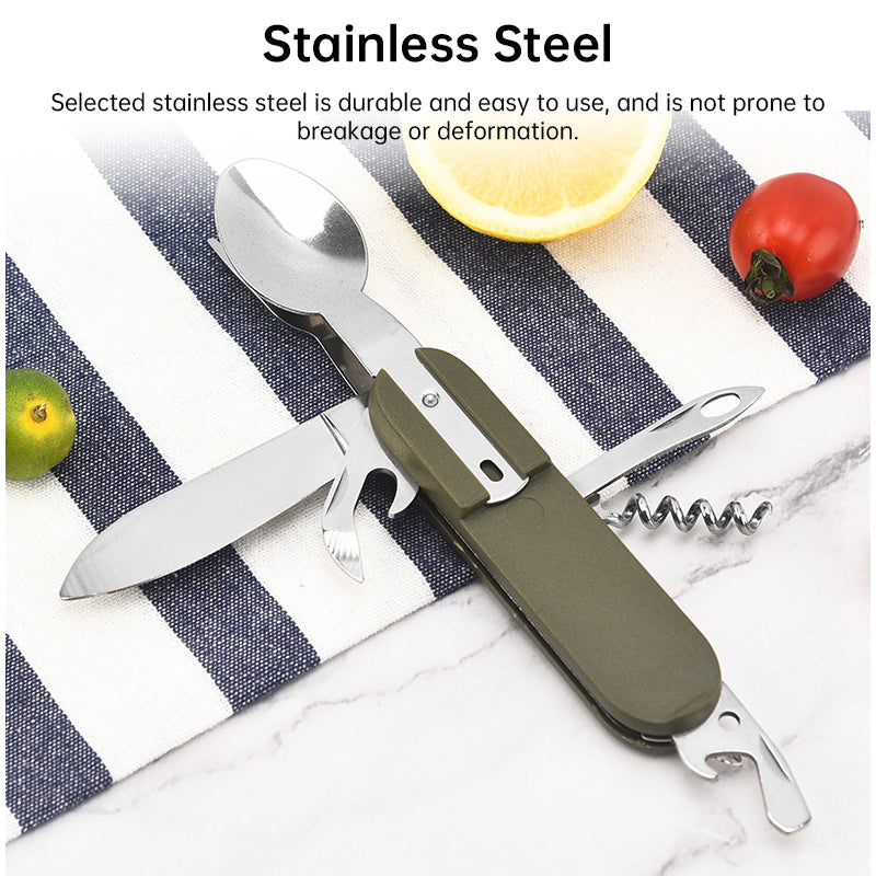 7-in-1 multifunctional stainless steel foldable outdoor camp tableware: fork, spoon, knife. Survival tools for picnic, camping.