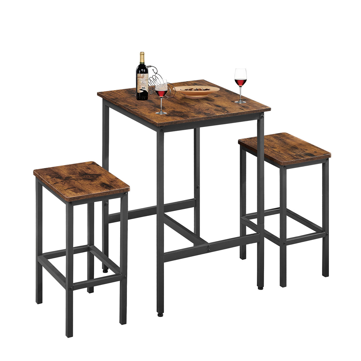 Bar Table Set Square Bar Table with 2 Bar Chairs Industrial Style Bar Chairs for Kitchen Breakfast Table Rustic Brown and Black