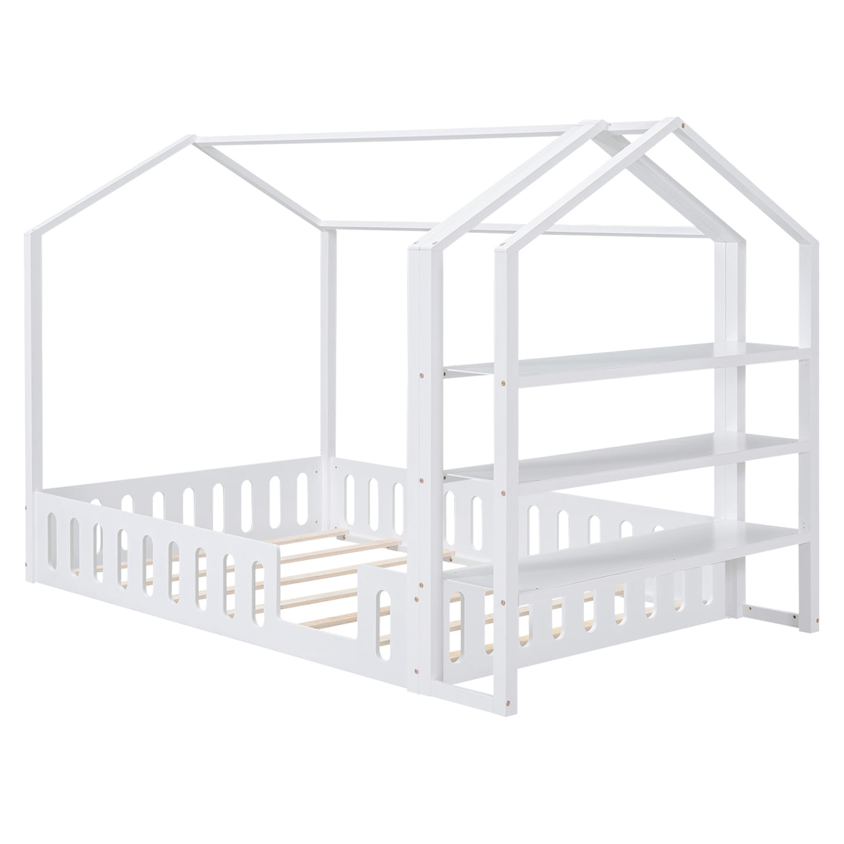 Full Size Wood House Bed with Fence and Detachable Storage Shelves, White
