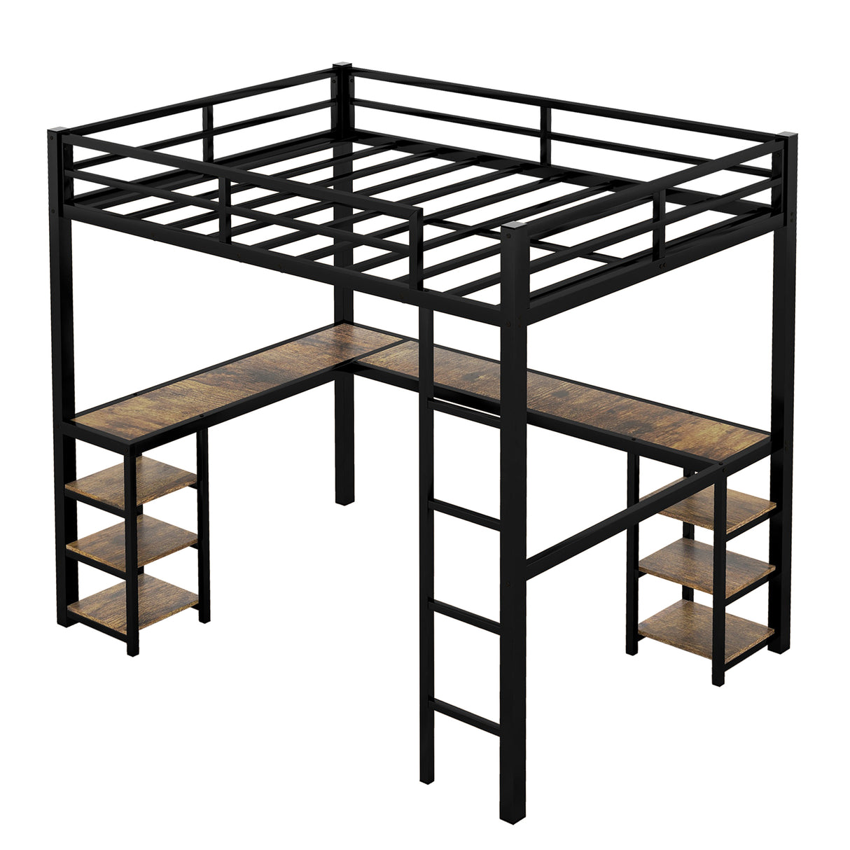 Full metal loft bed with desk and shelf, loft bed with ladder and guardrail, black with retro wood desk - V.I.P Digital Presence