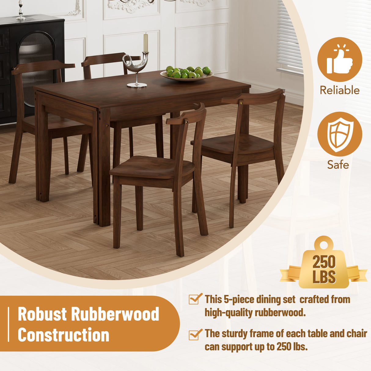 TOPMAX 65 "5-piece set with wheels and expandable dining table set 17.7" pull-out side table and small dining chair Brown