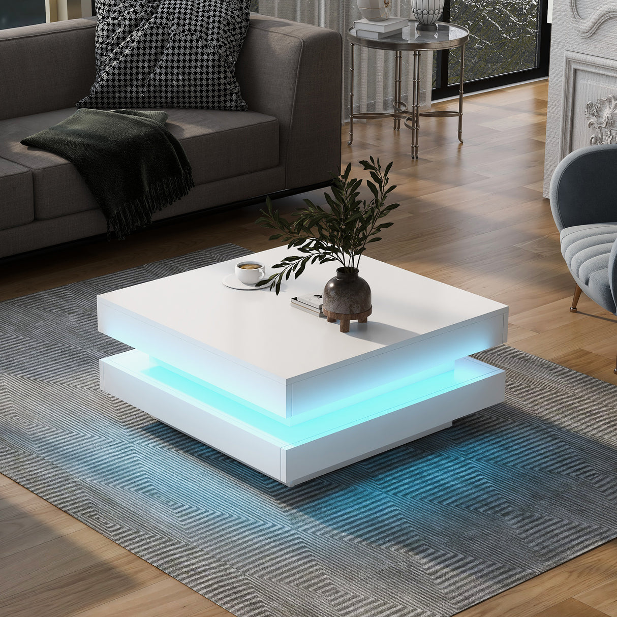 ON-TREND High Gloss Minimalist Design with LED Lights 2-Tier Square Coffee Table White