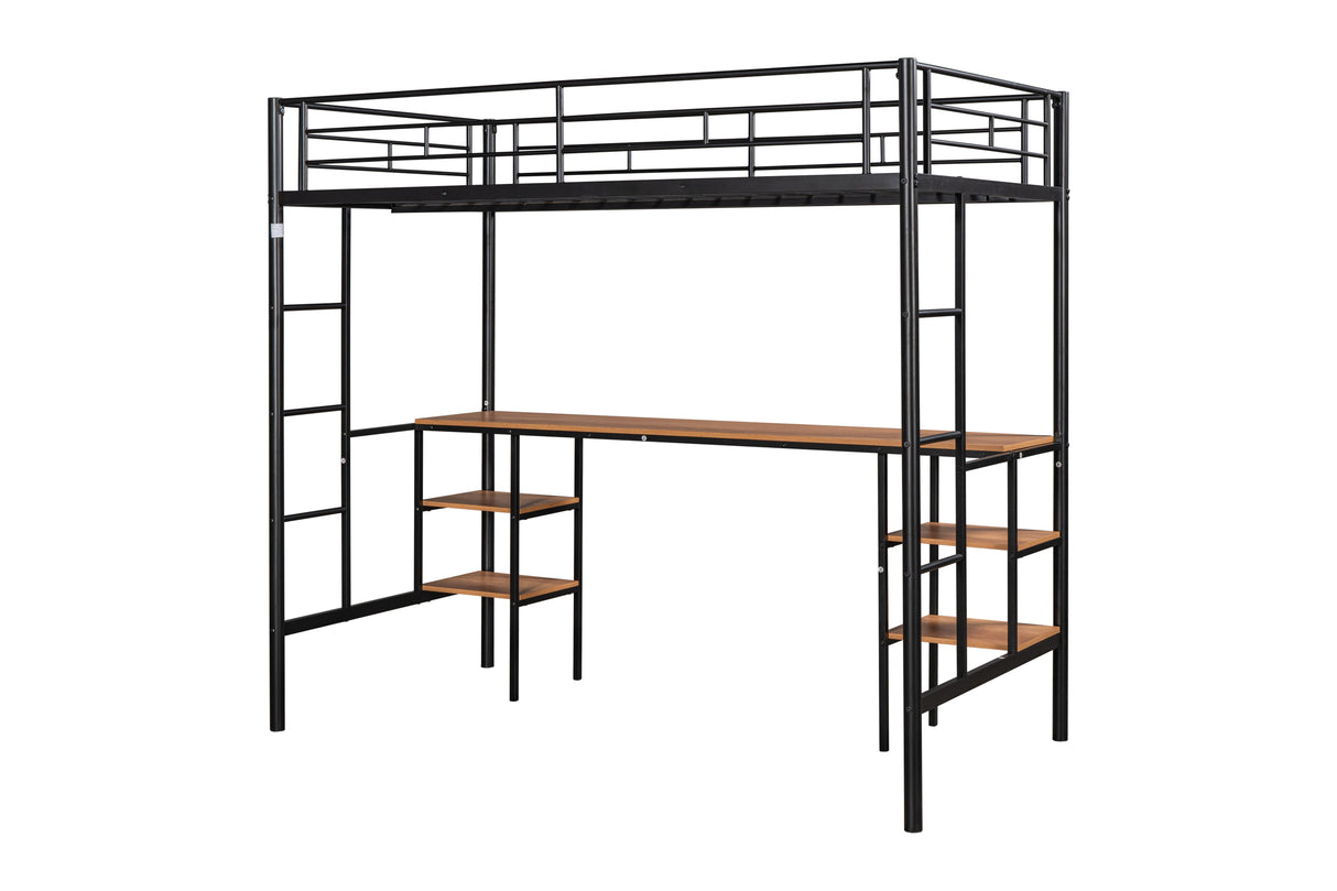 Twin loft bed with table and shelf/Heavy duty sturdy metal/Built in table and shelf/Noise reduction/Safety fence - V.I.P Digital Presence