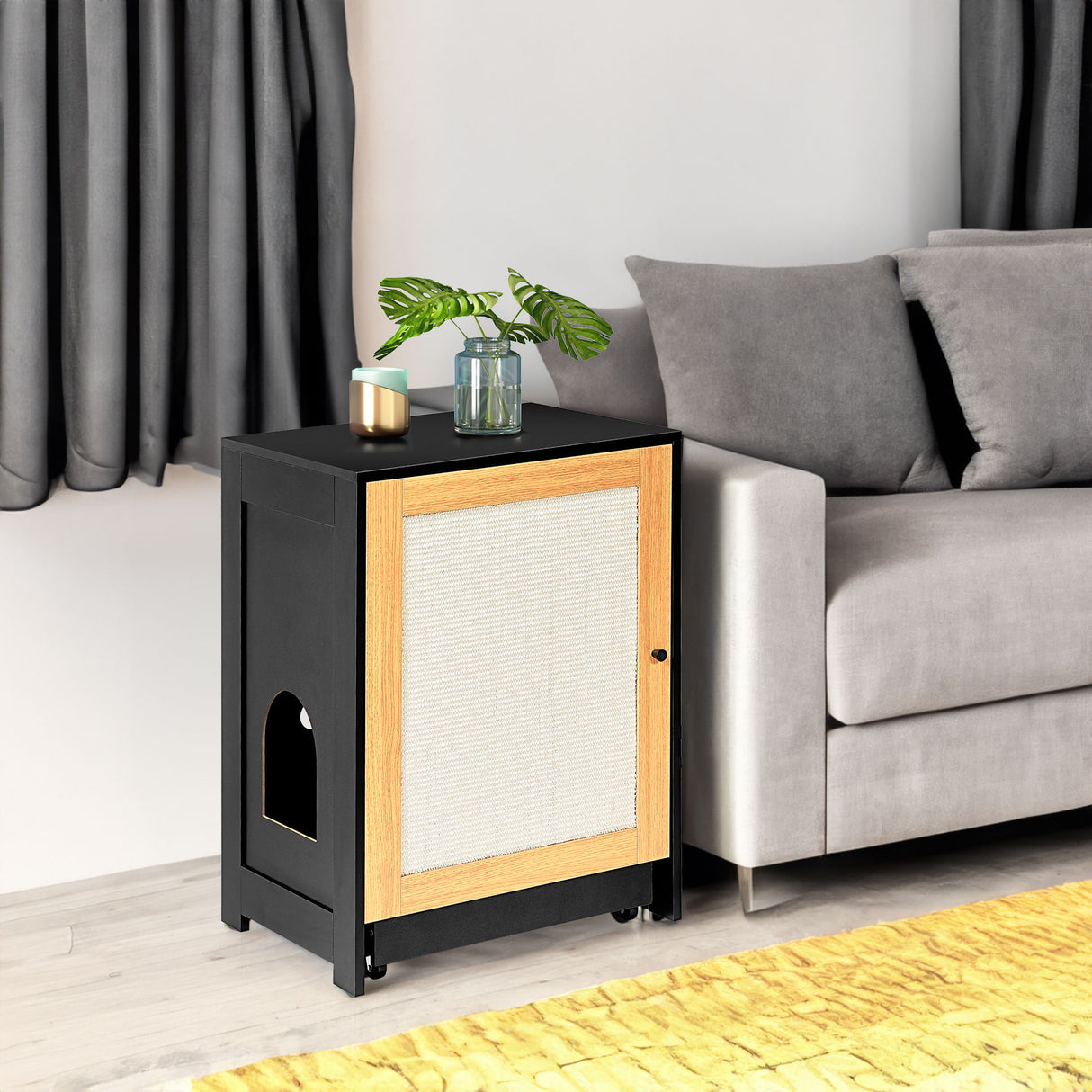 Cat Litter Box Enclosure, Hidden Cat Washroom, Kitty End Table, Litter cabinet with sisal door,Black - V.I.P Digital Presence
