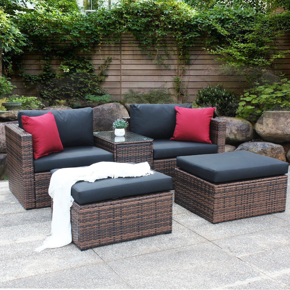 5 Pieces Outdoor Patio Garden Brown Wicker Sectional Conversation Sofa Set - V.I.P Digital Presence