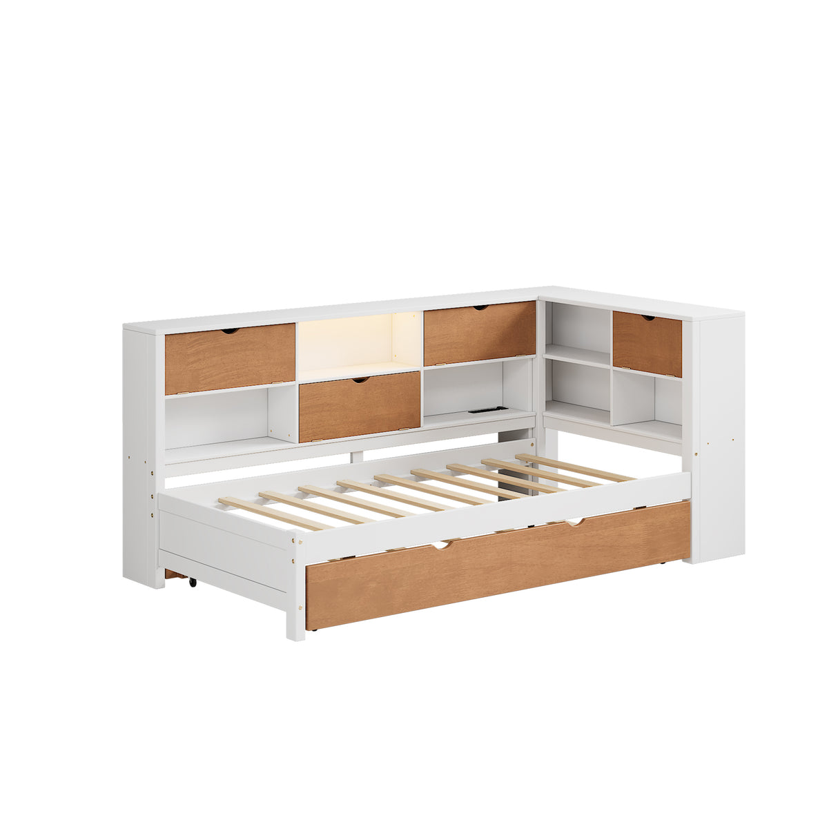 L-shaped bed frame with luggage and bookshelf, corner bed wooden captain's bed LED tube light and USB port walnut and white - V.I.P Digital Presence