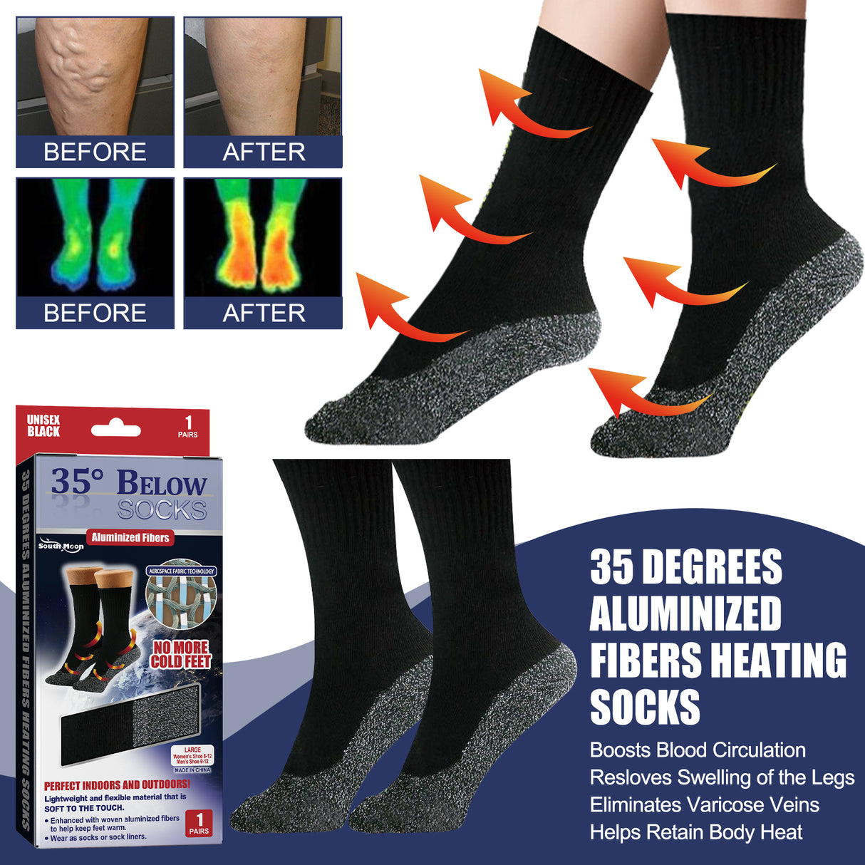 35 Degrees Aluminized Fibers Heating Socks, Relieve Vein Spontaneous Heat Constant Temperature Comfortable Warm Foot Cold Protection Socks - V.I.P Digital Presence
