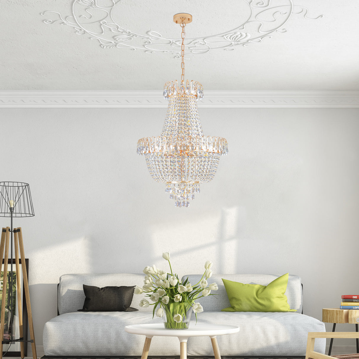 Golden crystal pendant light, large modern luxury ceiling lighting (without light bulbs) - V.I.P Digital Presence