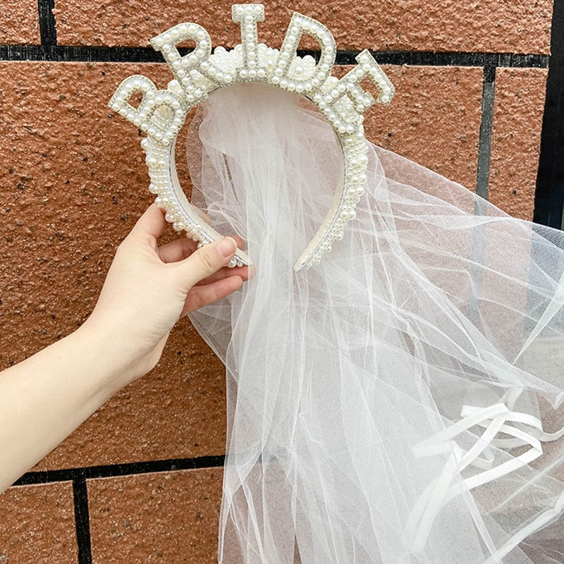 Bride to be Pearl crown tiara veil Bach Bachelorette hen Party Bridal Shower wedding engagement rehearsal dinner Decoration Gift - V.I.P Digital Presence