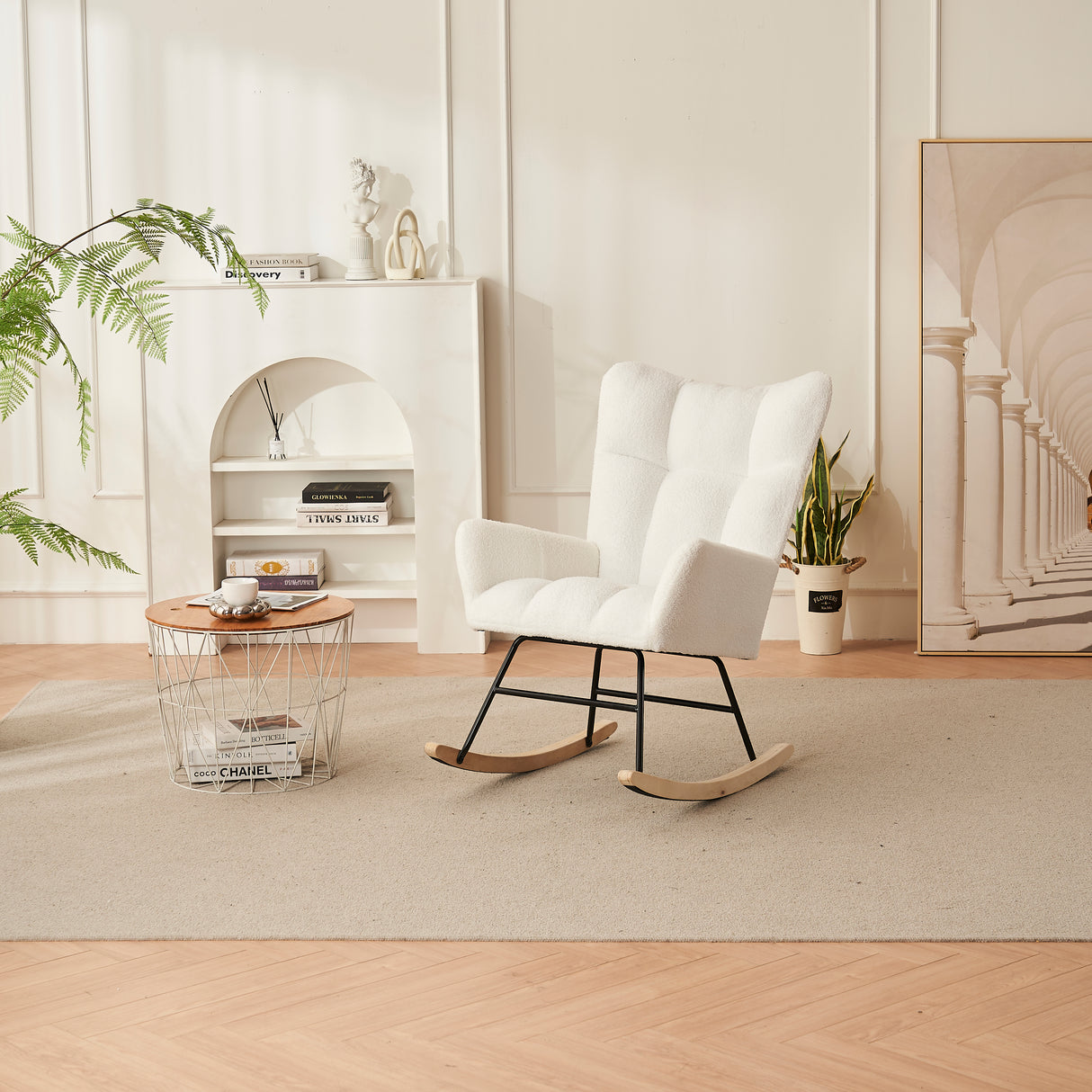 Rocking Chair Nursery solid wood leg reading chair Teddy fabric cushion with Nap armchair white Teddy fabric