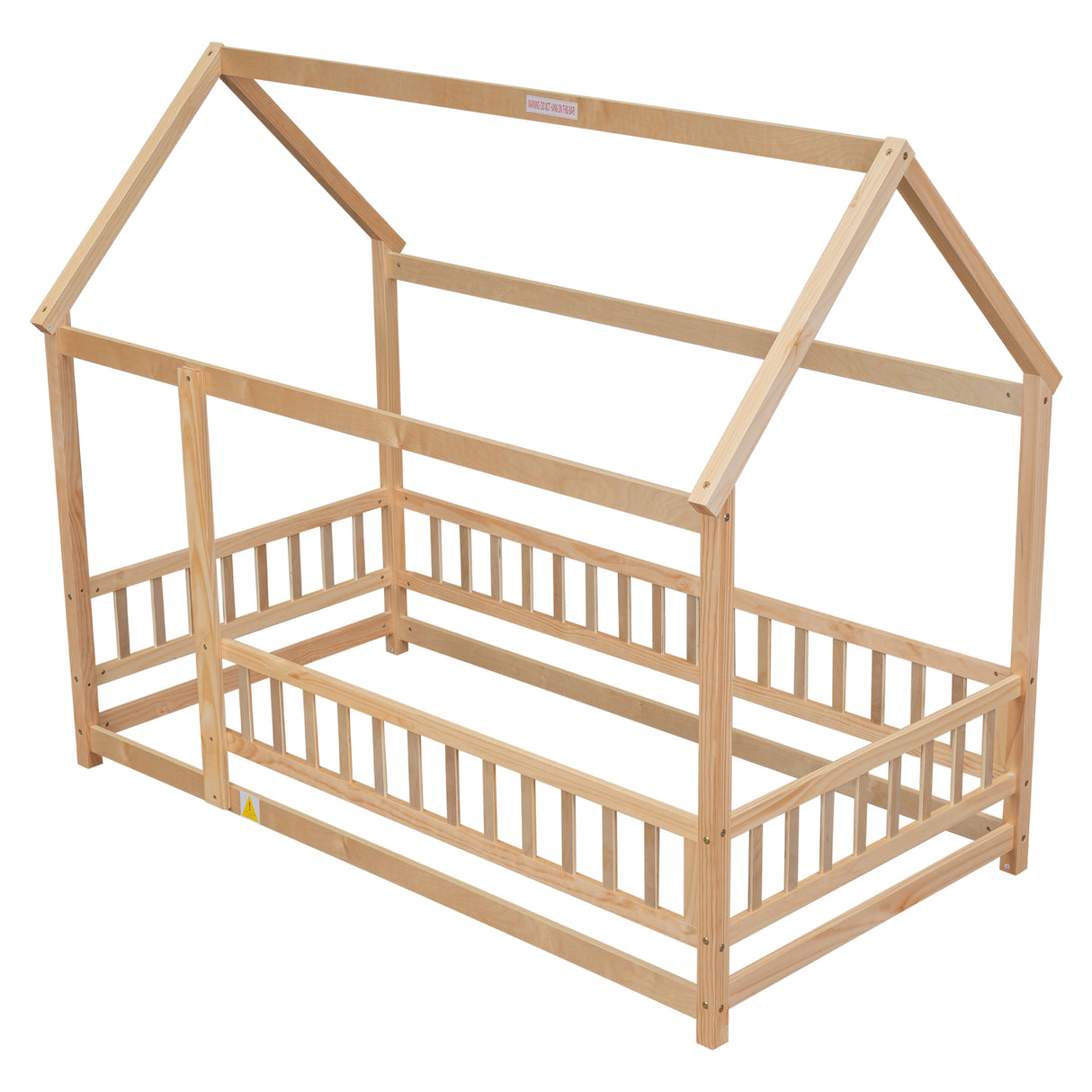 Twin Size Floor Wooden Bed with House Roof Frame, Fence Guardrails - V.I.P Digital Presence