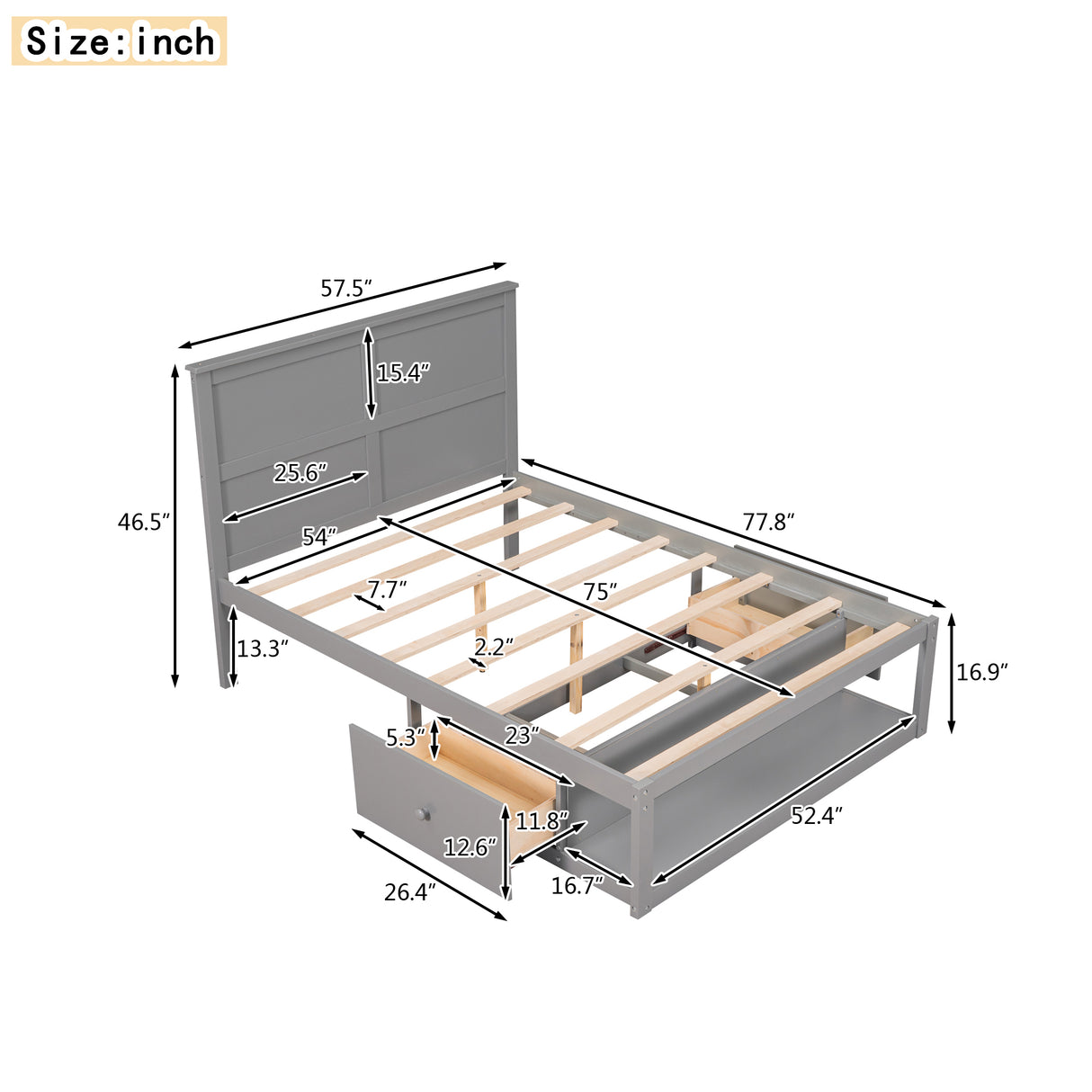 Full Size Platform Bed with Drawer on the Each Side and Shelf on the End of the Bed Gray