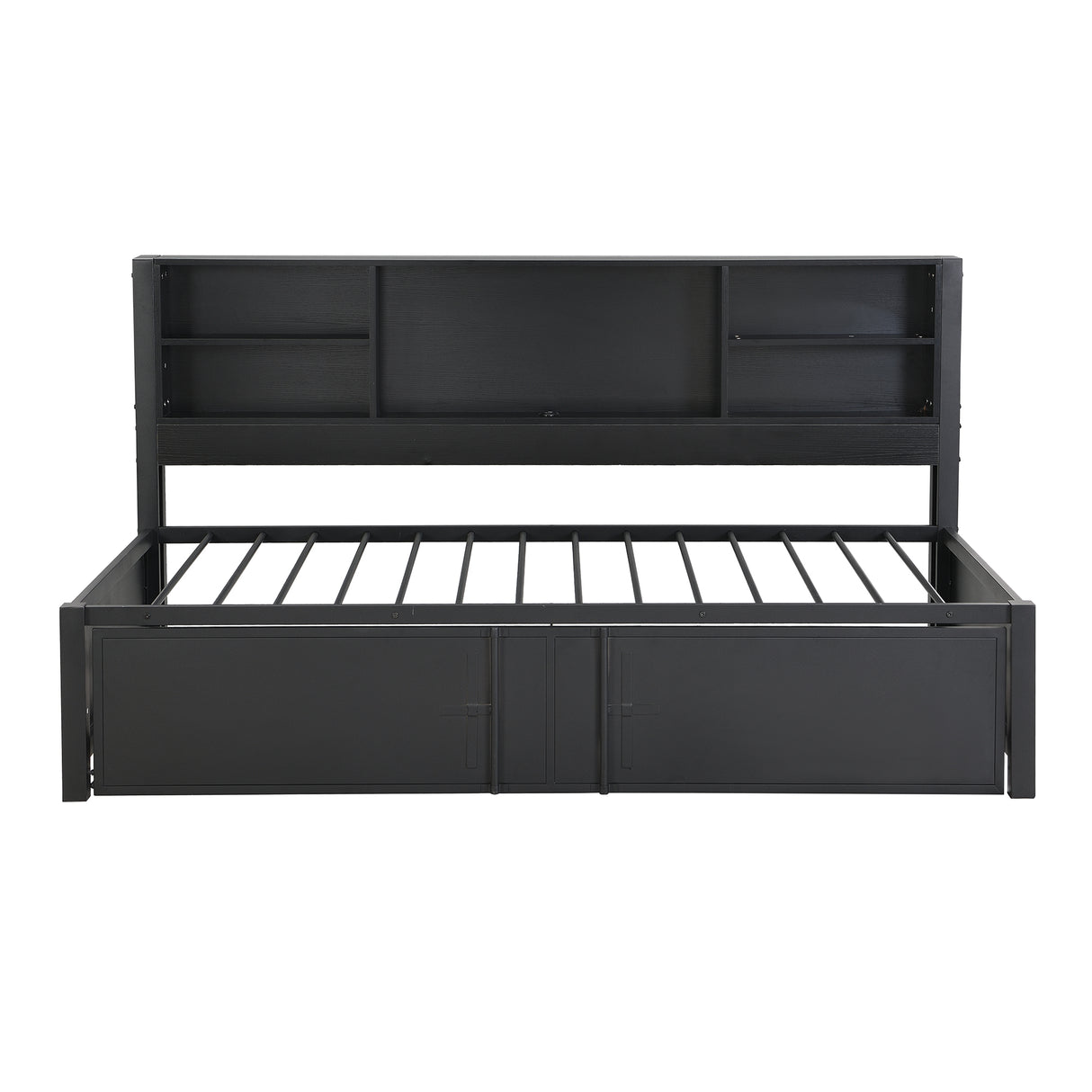Metal Twin Size Daybed with Twin Size Trundle Storage Shelves and USB Ports Black