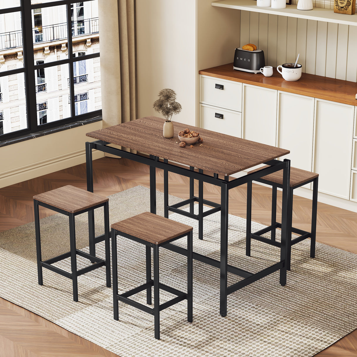 TREXM 5-piece compact bar table with table and stool - modern industrial design (dark brown) - V.I.P Digital Presence