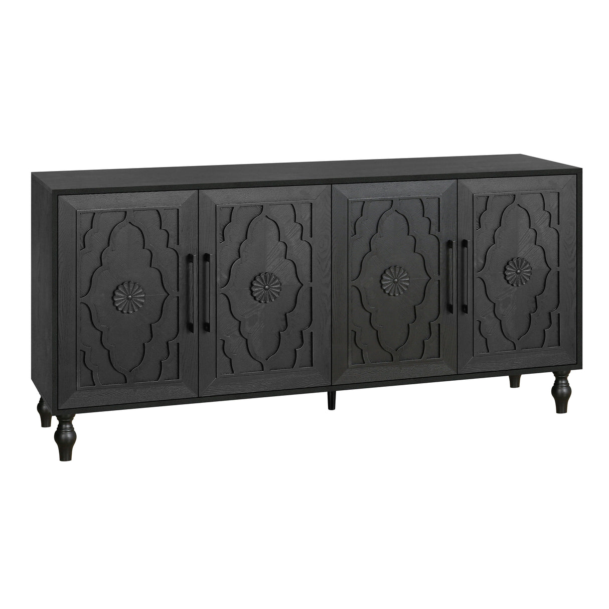 Carved Flower Door Large Storage Cabinet With Metal Handle Suitable For Living Room, Kitchen, Entryway(BLACK) - V.I.P Digital Presence