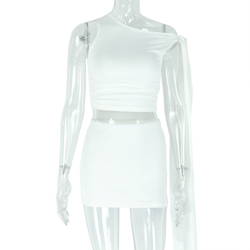 Strap Oblique Collar Asymmetric Dress Set Fitted Pencil Short Skirt Two-Piece Set Sexy Solid Color Women's Dress - V.I.P Digital Presence