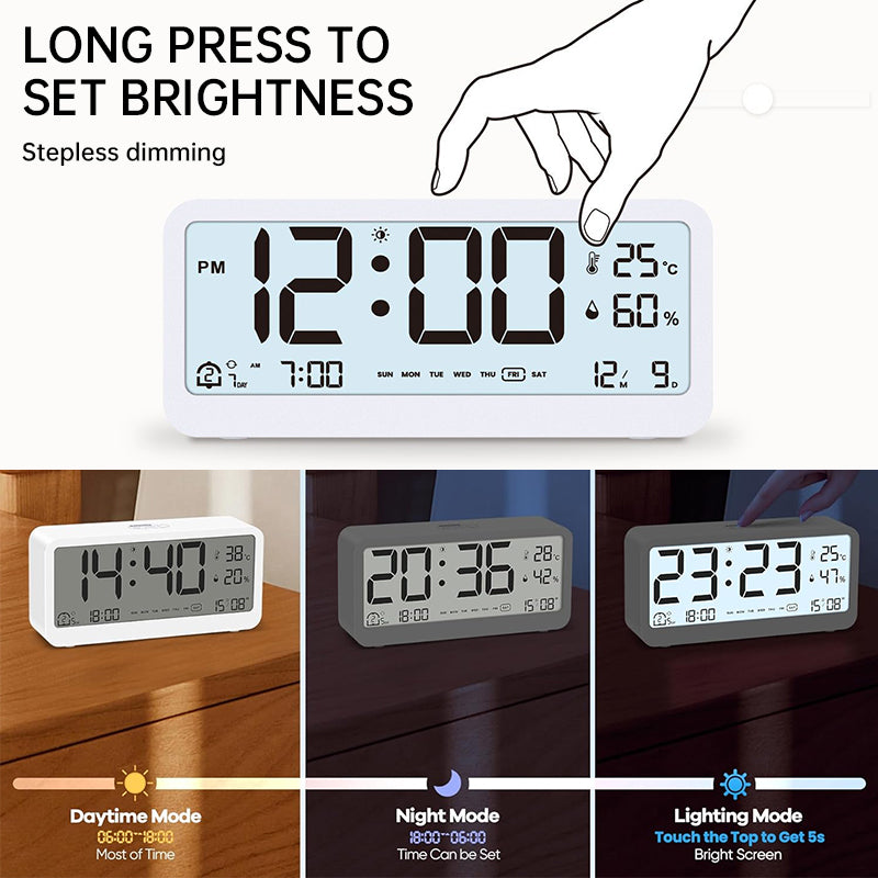 Multifunctional Digital Clock: Adjustable LED Brightness, Temp & Humidity Display, Dual - Mode Alarm, for Bedside or Desk - V.I.P Digital Presence