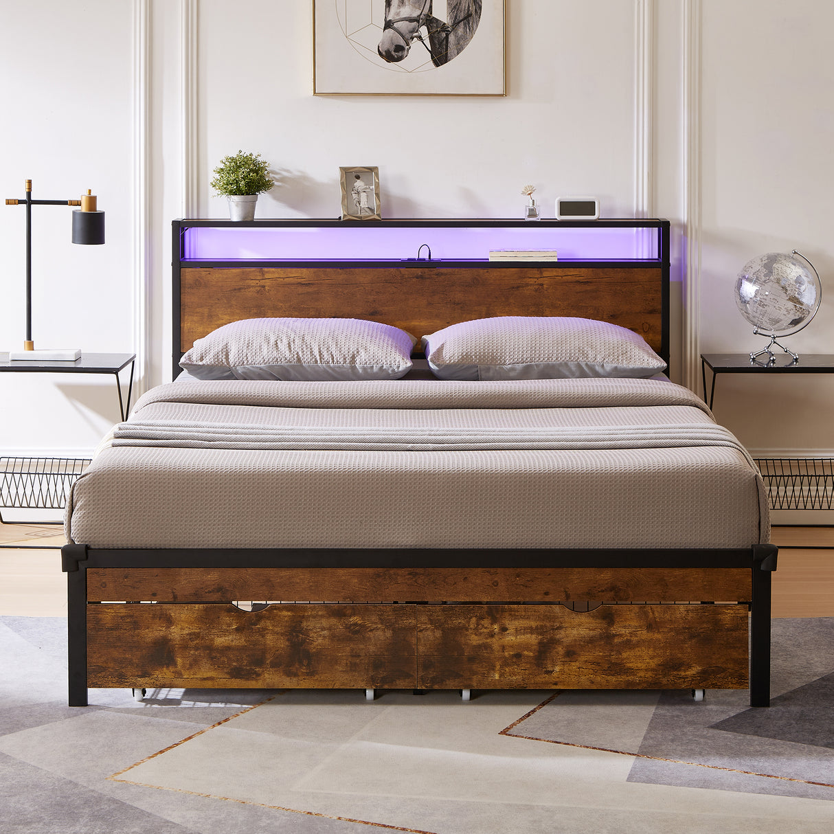 Large metal bed frame with wooden headboard and USB foot pedal, charging station, 2 drawers, LED lights, no need for box spring - V.I.P Digital Presence