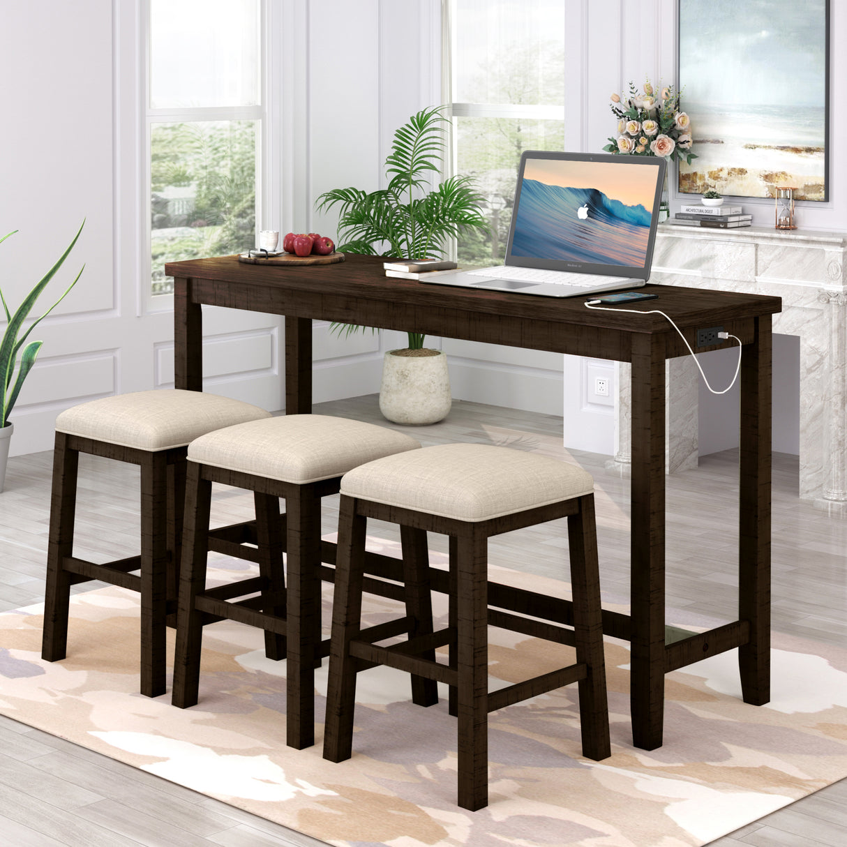 TOPMAX 4 Pieces Counter Height Table with Fabric Padded Stools, Rustic Bar Dining Set with Socket, Brown - V.I.P Digital Presence