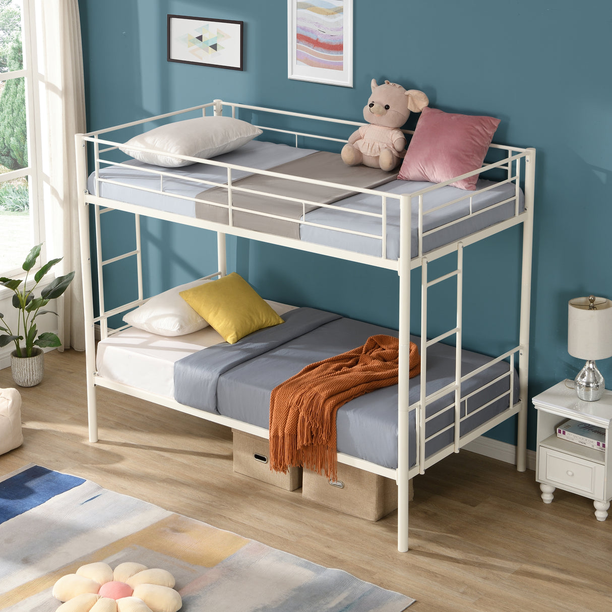 Twin metal bunk beds, metal structure bed frame with safety guardrails and 2 ladders, convertible bunk beds, white - V.I.P Digital Presence