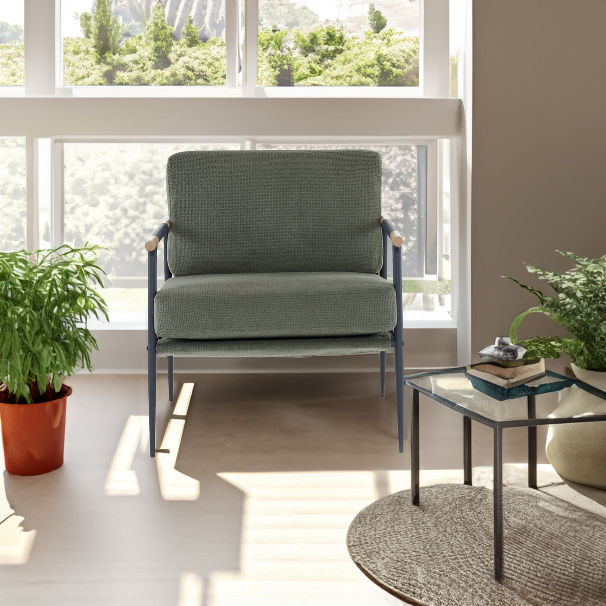 Soft padded reading armchair Chenille fabric modern armchair with metal frame, living room decorative chair, green - V.I.P Digital Presence