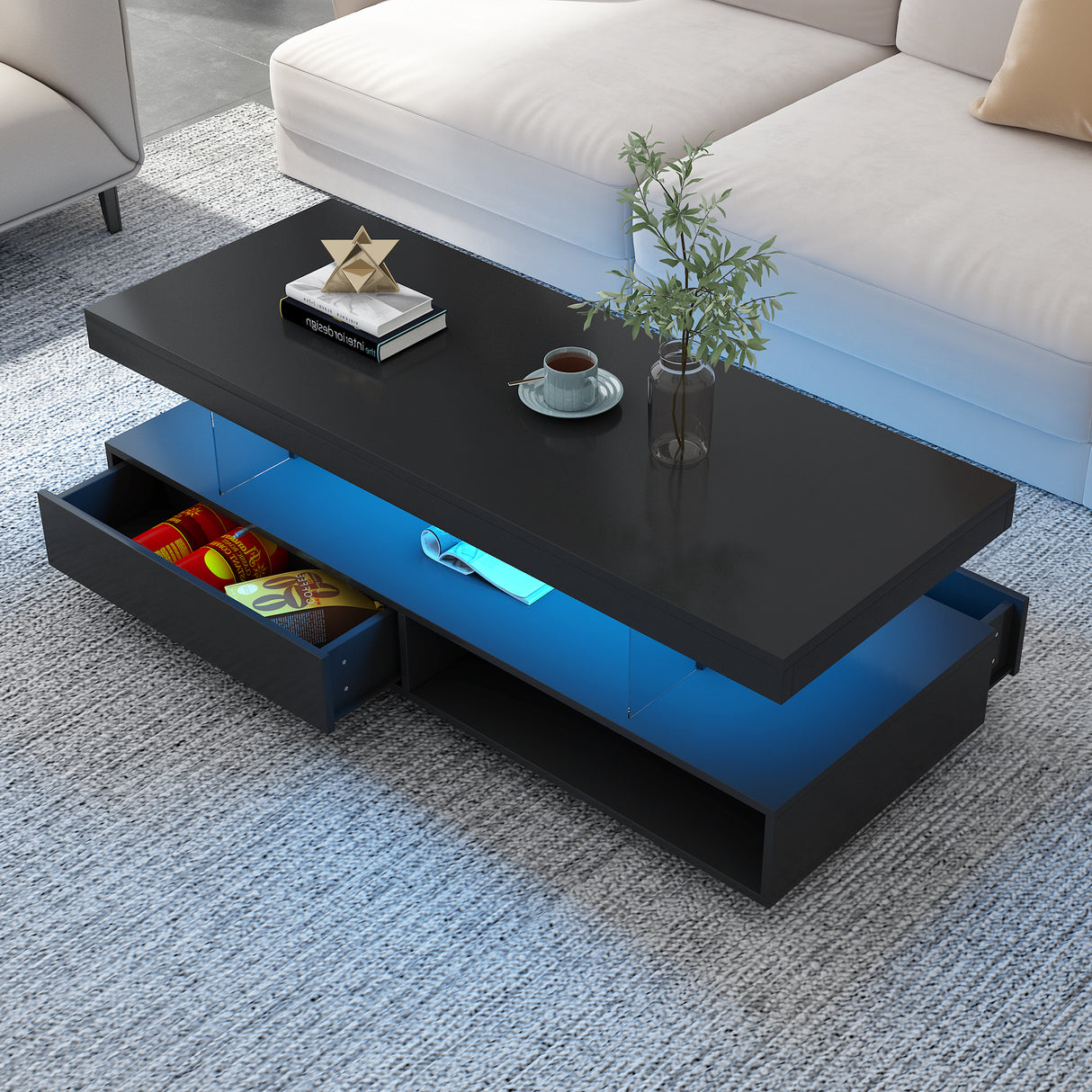 U-Can LED coffee table with storage space, modern central table with 2 drawers and display rack, equipped with LED lights, black - V.I.P Digital Presence