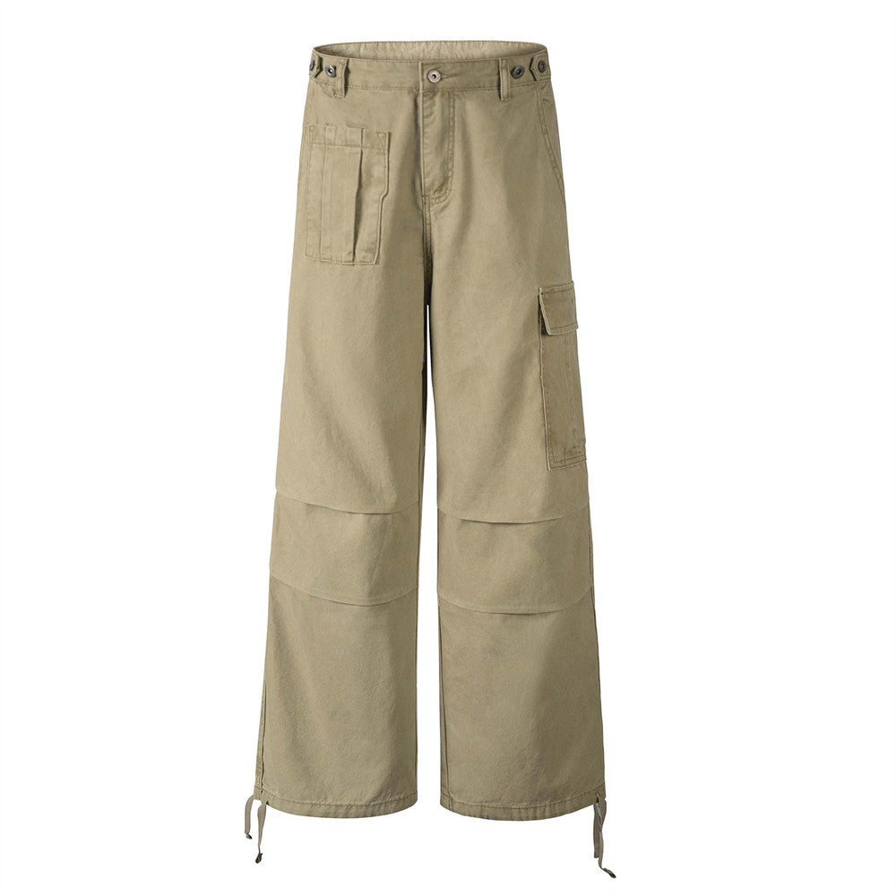 Workwear Straight Leg Long Pants Men's Vibe American Style Pleated Design Irregular Pocket Drawstring Loose Casual Trousers - V.I.P Digital Presence