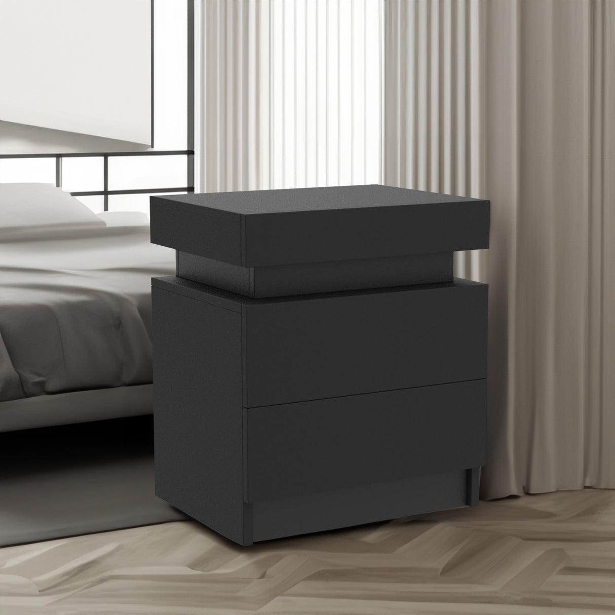 Modern Black LED Nightstand with Led Lights Bedside table with 2 High Gloss Drawers for Bedroom - V.I.P Digital Presence