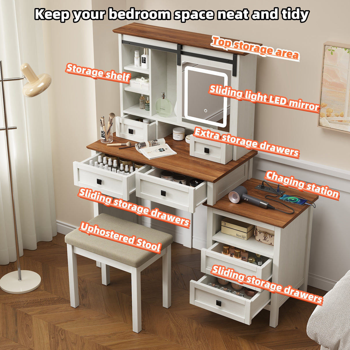 46.5-inch dressing table with adjustable LED lighting mirror and charging station, equipped with soft cushioned stool - V.I.P Digital Presence