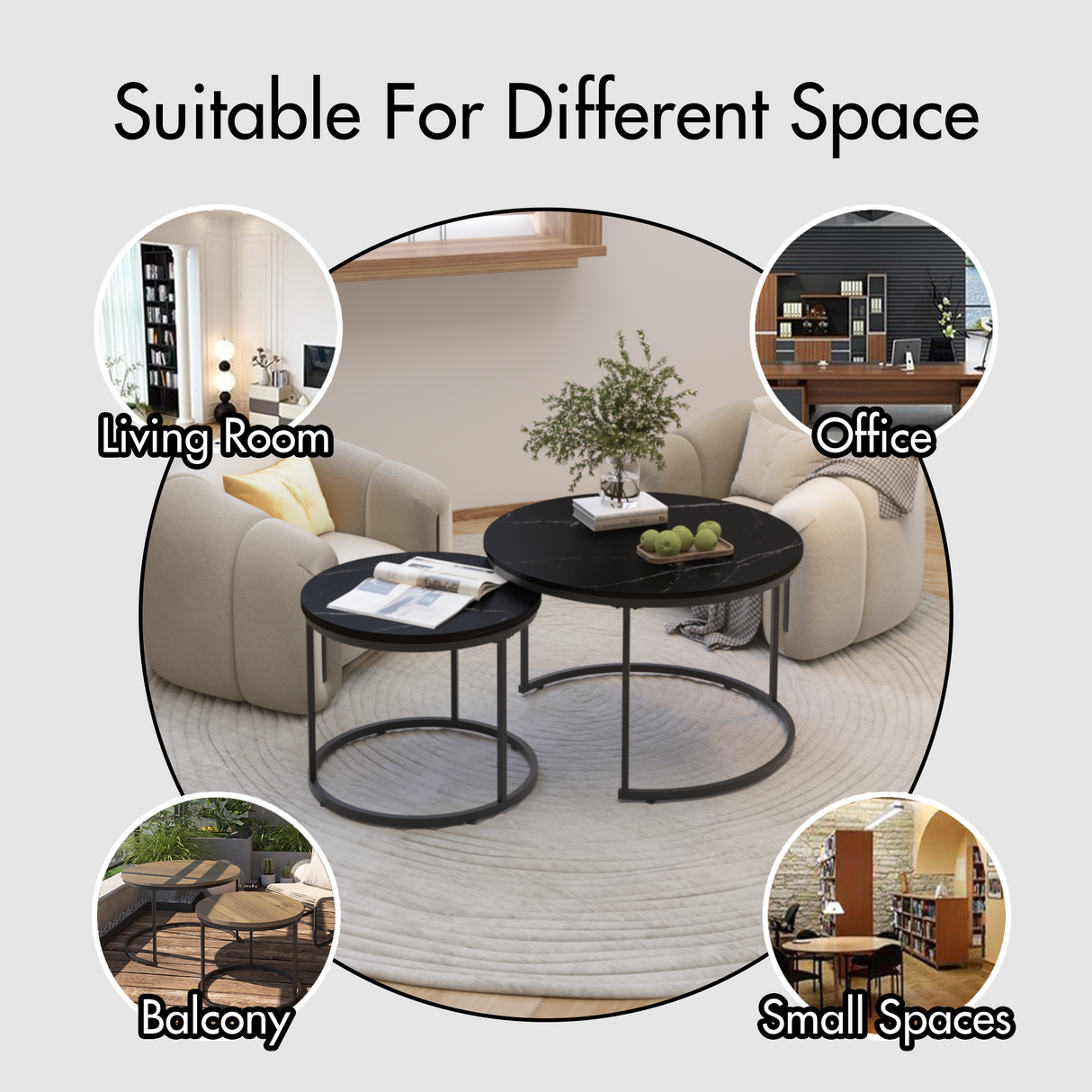 A set of nested coffee tables, 27.6-inch round coffee table, wooden marble patterned tabletop, sturdy metal frame (black) - V.I.P Digital Presence