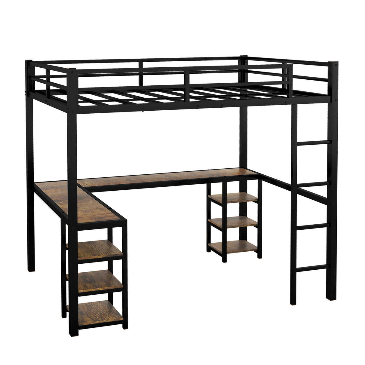 Full metal loft bed with desk and shelf, loft bed with ladder and guardrail, black with retro wood desk - V.I.P Digital Presence