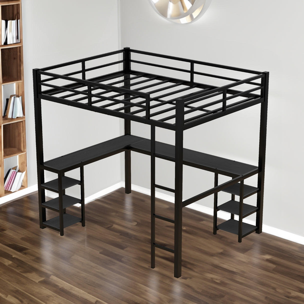 All metal loft bed with desk and shelf, loft bed with ladder and guardrail, black with black desk - V.I.P Digital Presence