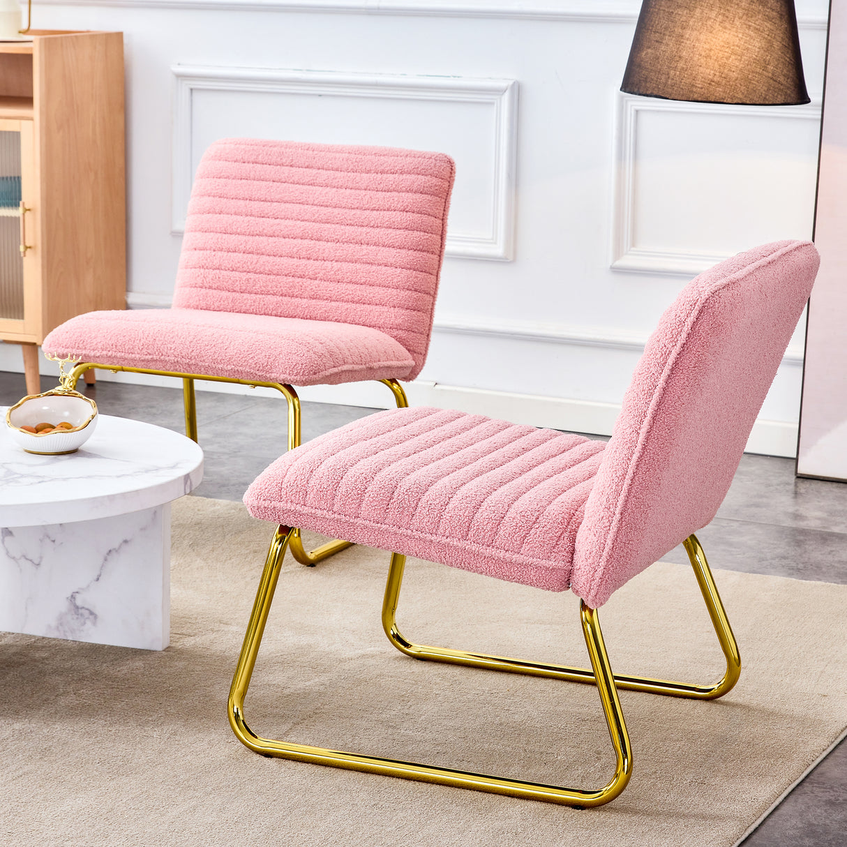 Modern minimalist pink plush fabric single person sofa chair with golden metal legs