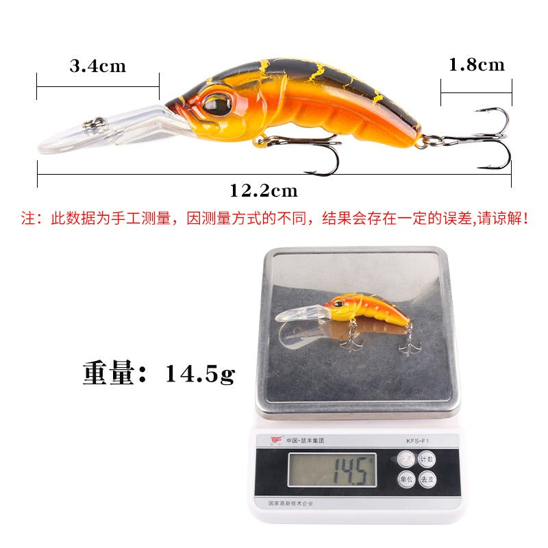 Wide Tongue Deep Dive ABS Rock Mino 10.4cm 14.5g Bead+Enhanced Three Hook Simulated Worm shaped Fake Bait