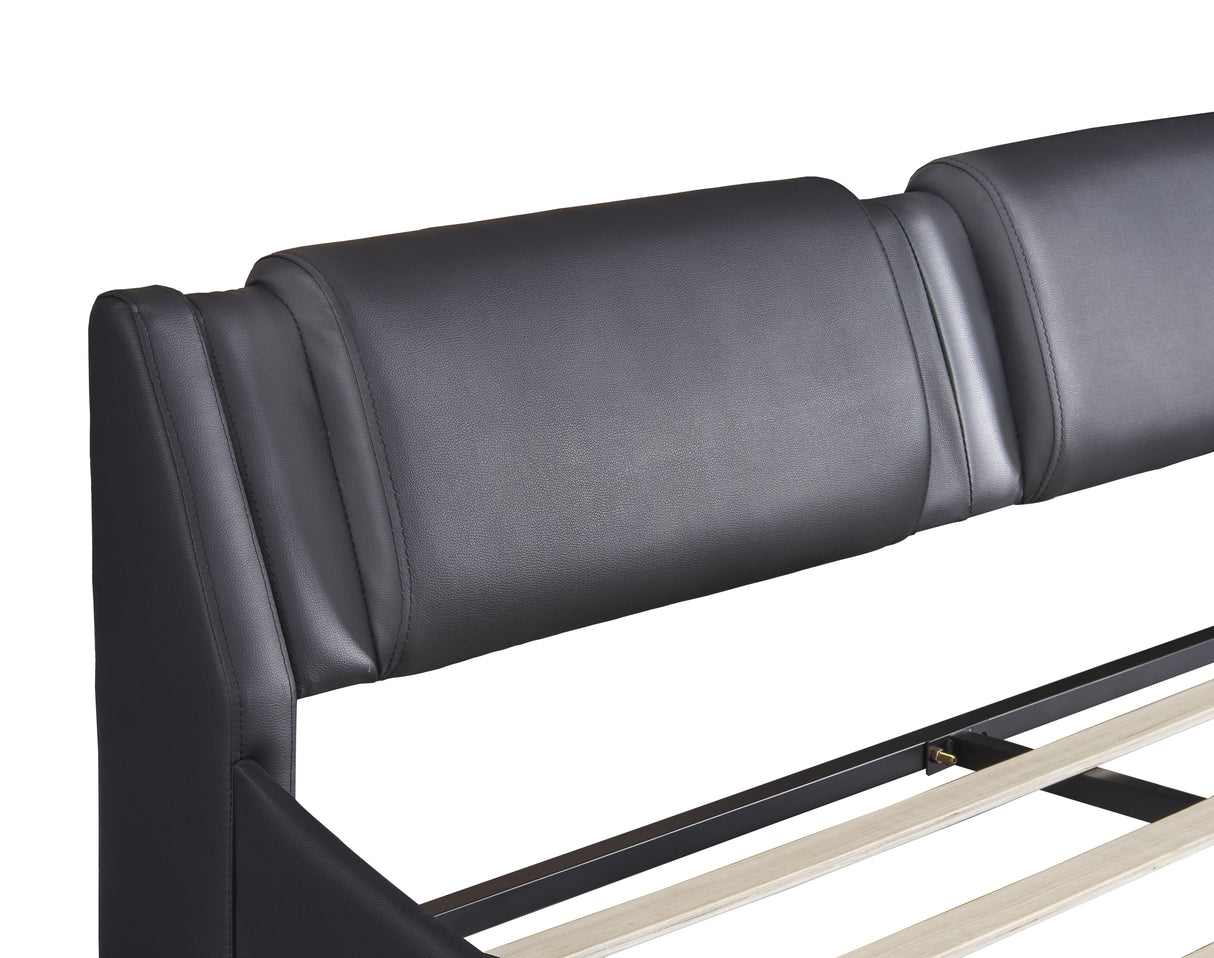 Queen Size Upholstered Faux Leather Platform Bed with LED Light Bed Frame with Slatted - Black - V.I.P Digital Presence