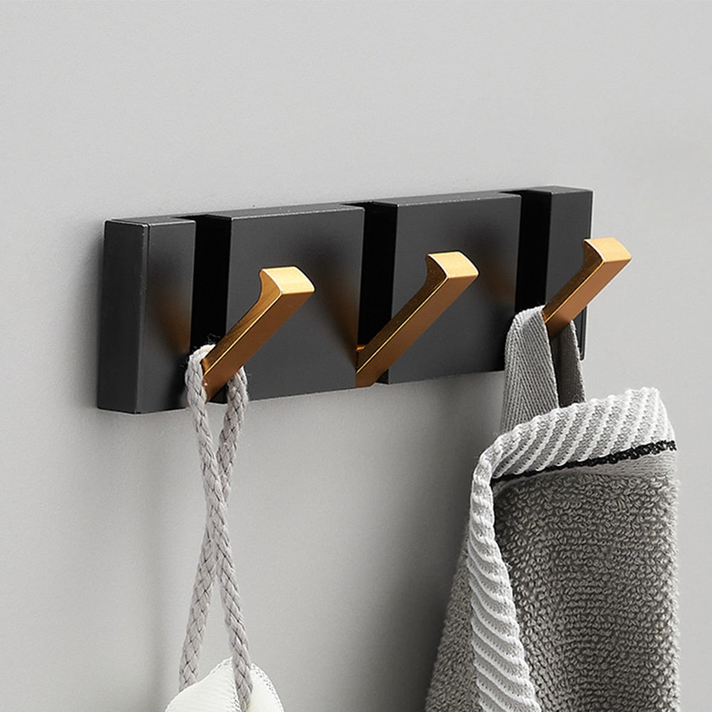 Folding Towel Hanger 2ways Installation Wall Hooks Coat Clothes Holder for Bathroom Kitchen Bedroom Hallway, Black Gold - V.I.P Digital Presence