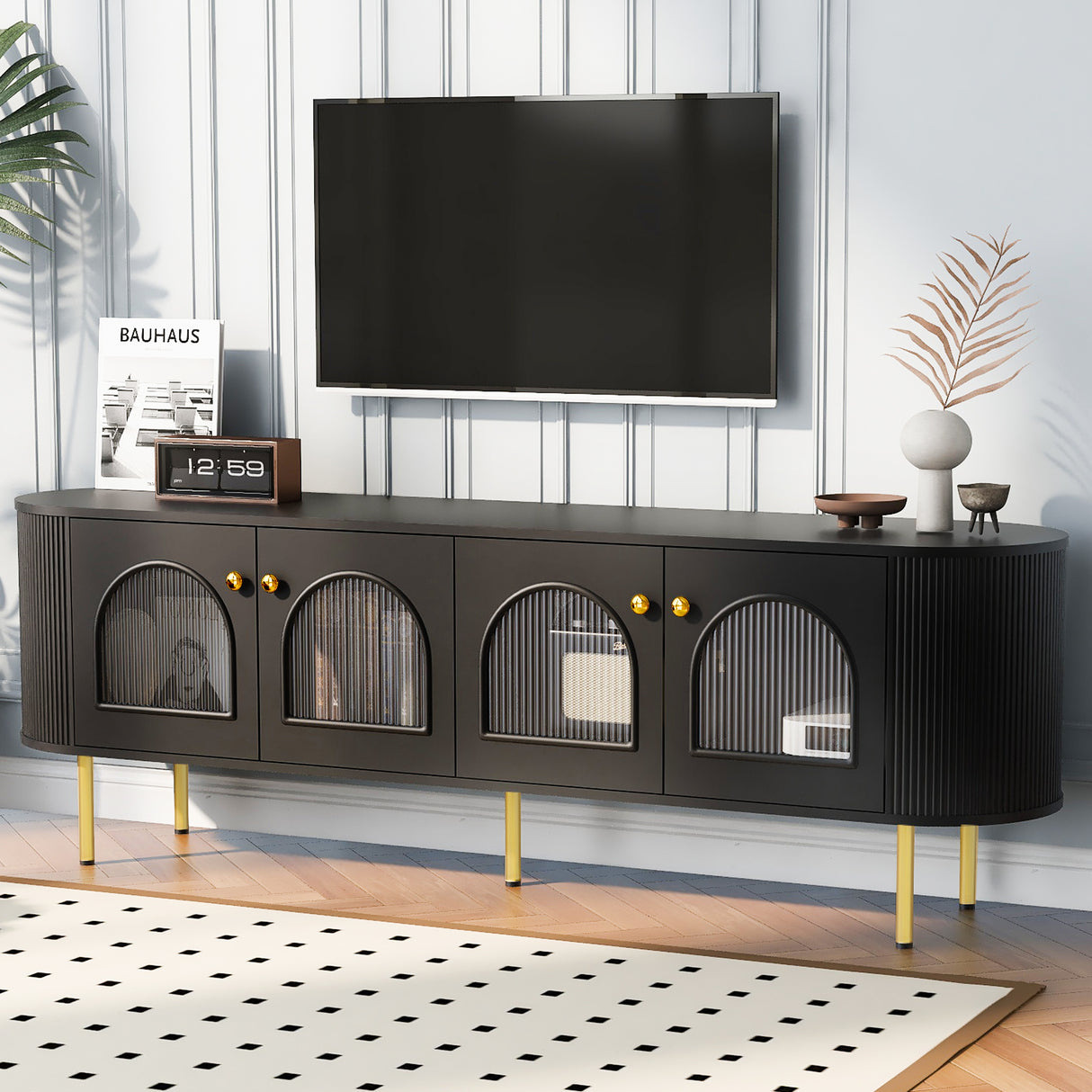 U-Can Modern TV Stand for TVs up to 80 Inches with 4 Cabinets with Metal Legs and Handles for Living room, Black - V.I.P Digital Presence