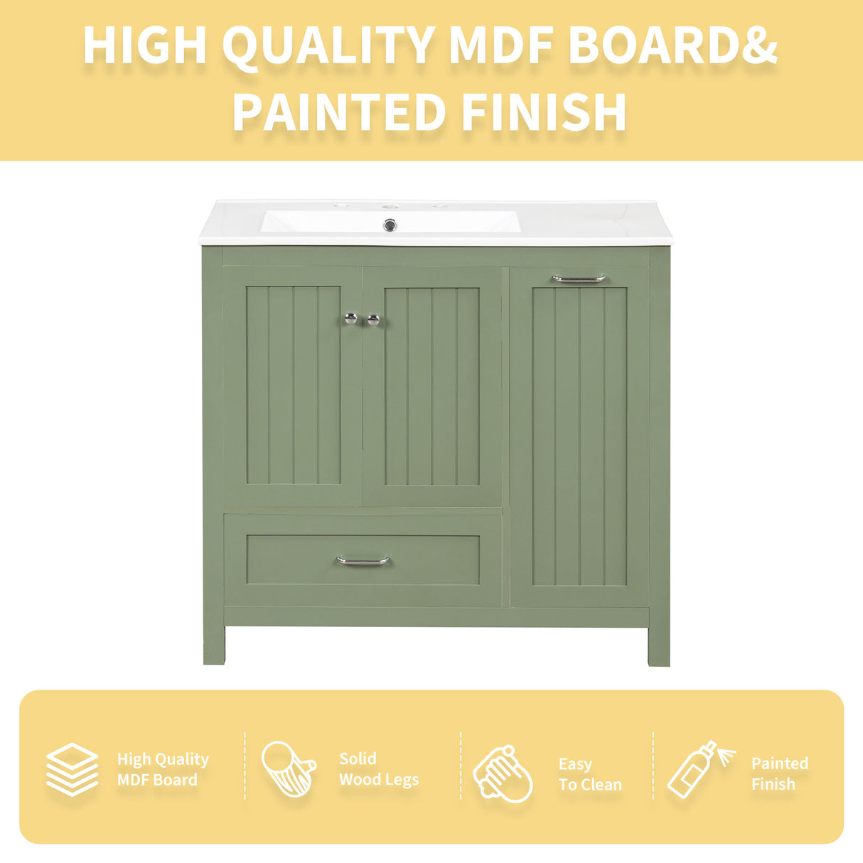 36 inch bathroom vanity with sink, one double door cabinet one large drawer and one flip drawer solid wood and MDF board, green - V.I.P Digital Presence
