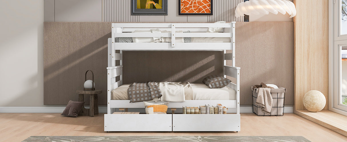 Wood Twin over Full Bunk Bed with 2 Drawers White