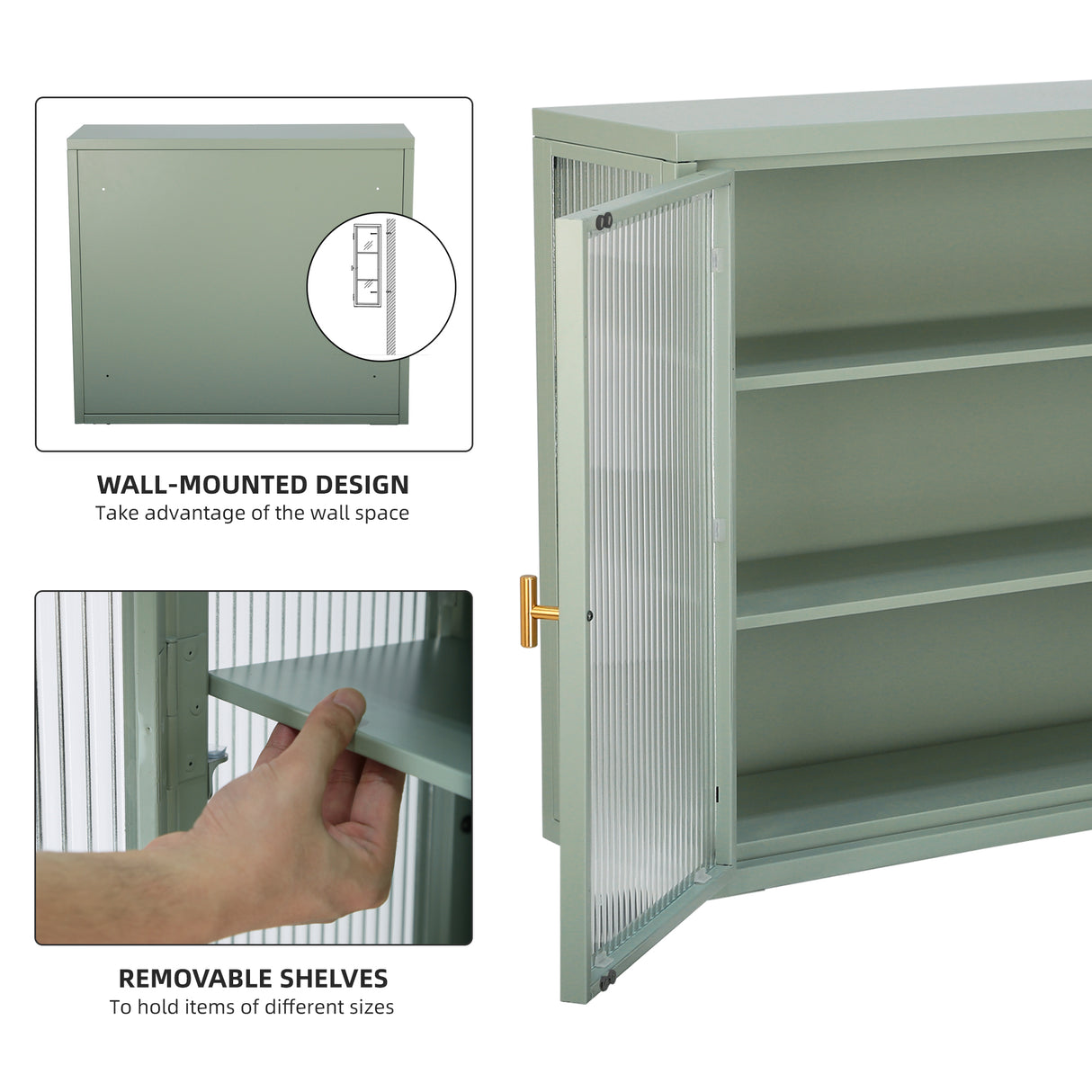 Retro Style Haze Double Glass Door Wall Cabinet With Detachable Shelves for Office Dining Room Living Room Kitchen