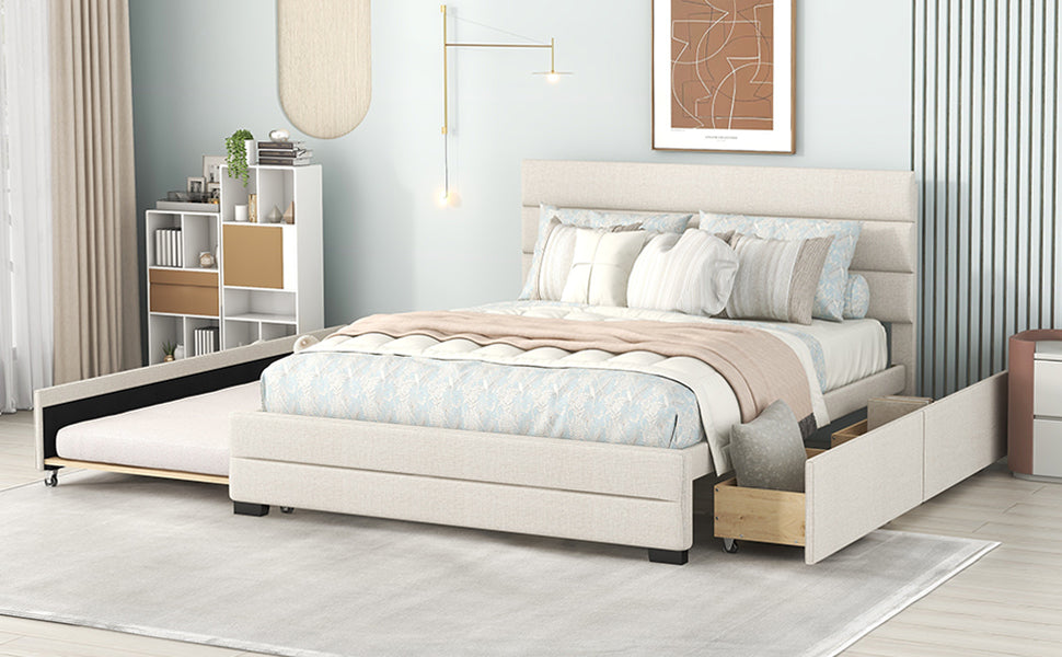 Queen Upholstered Platform Bed with Twin Size Trundle and Two Drawers Beige